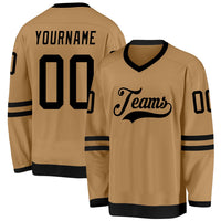 Custom Hockey Jersey, Old Gold Black Sportswear Jersey Shirt, Athletic Long Sleeve V Neck Jersey, Casual Gift for Men, Style OldGold0025
