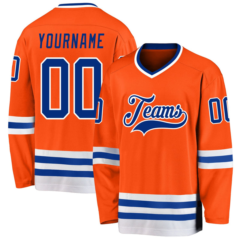 Custom Hockey Jersey, Orange Royal White Sportswear Jersey Shirt, Athletic Long Sleeve V Neck Jersey, Casual Gift for Men, Style Orange0145