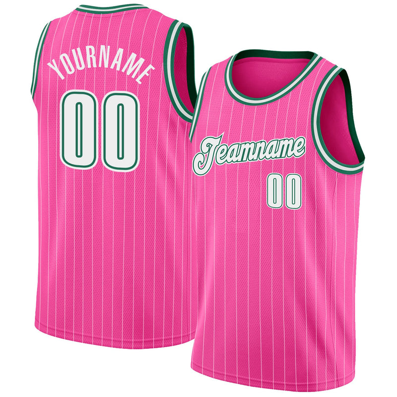 Custom Basketball Jersey, Pink White Kelly Pinstripe Sportswear Jersey Shirt, Athletic Mesh Moisture Wicking Jersey, Casual Gift for Men