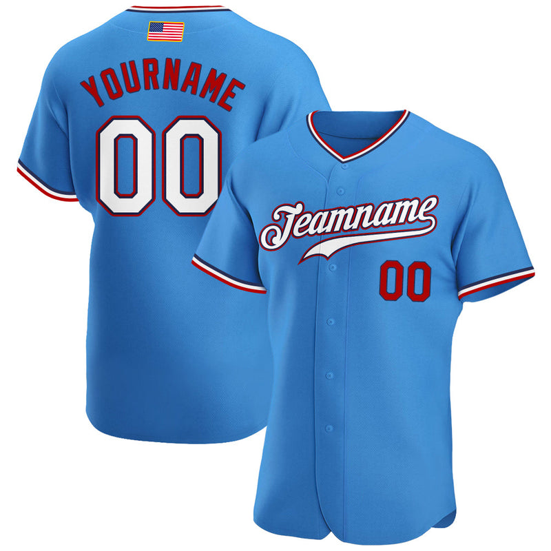 Custom Baseball Jersey, Blue White Red Fashion Sportswear Jersey Shirt, Athletic Button Down Moisture Wicking Jersey, Casual Gift for Men