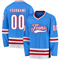 Custom Hockey Jersey, Blue White Red Sportswear Jersey Shirt, Athletic Long Sleeve V Neck Jersey, Casual Gift for Men