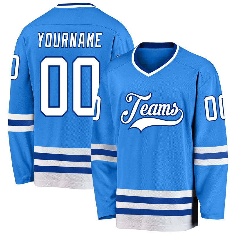 Custom Hockey Jersey, Blue White Royal Sportswear Jersey Shirt, Athletic Long Sleeve V Neck Jersey, Casual Gift for Men, Style PowderBlue0109