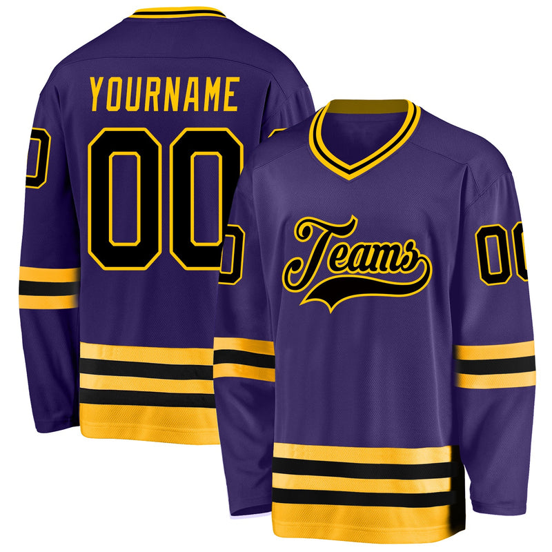Custom Hockey Jersey, Purple Black Gold Sportswear Jersey Shirt, Athletic Long Sleeve V Neck Jersey, Casual Gift for Men, Style Purple0153