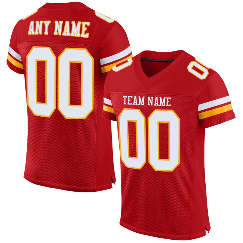 Custom Football Jersey, Red White Gold Sportswear Jersey Shirt, Athletic Mesh Moisture Wicking Jersey, Casual Gift for Men, Style Red0088