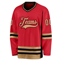 Custom Hockey Jersey, Red Old Gold Black Sportswear Jersey Shirt, Athletic Long Sleeve V Neck Jersey, Casual Gift for Men