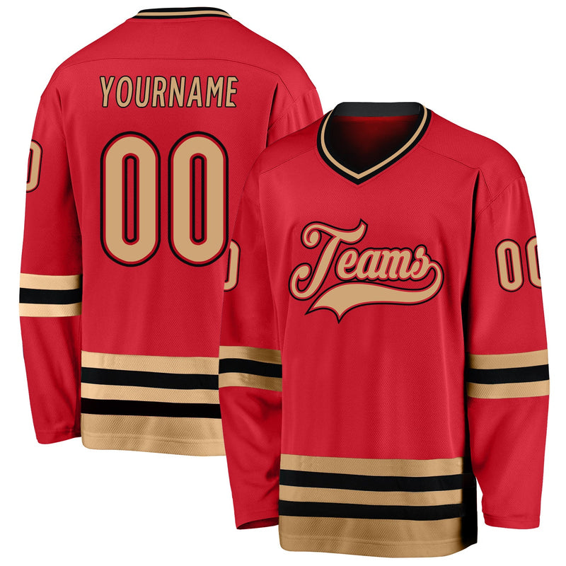 Custom Hockey Jersey, Red Old Gold Black Sportswear Jersey Shirt, Athletic Long Sleeve V Neck Jersey, Casual Gift for Men