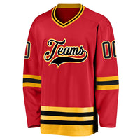 Custom Hockey Jersey, Red Black Gold Sportswear Jersey Shirt, Athletic Long Sleeve V Neck Jersey, Casual Gift for Men, Style Red0276