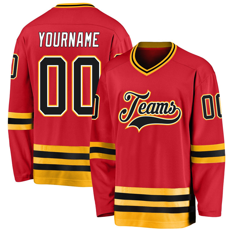 Custom Hockey Jersey, Red Black Gold Sportswear Jersey Shirt, Athletic Long Sleeve V Neck Jersey, Casual Gift for Men, Style Red0276