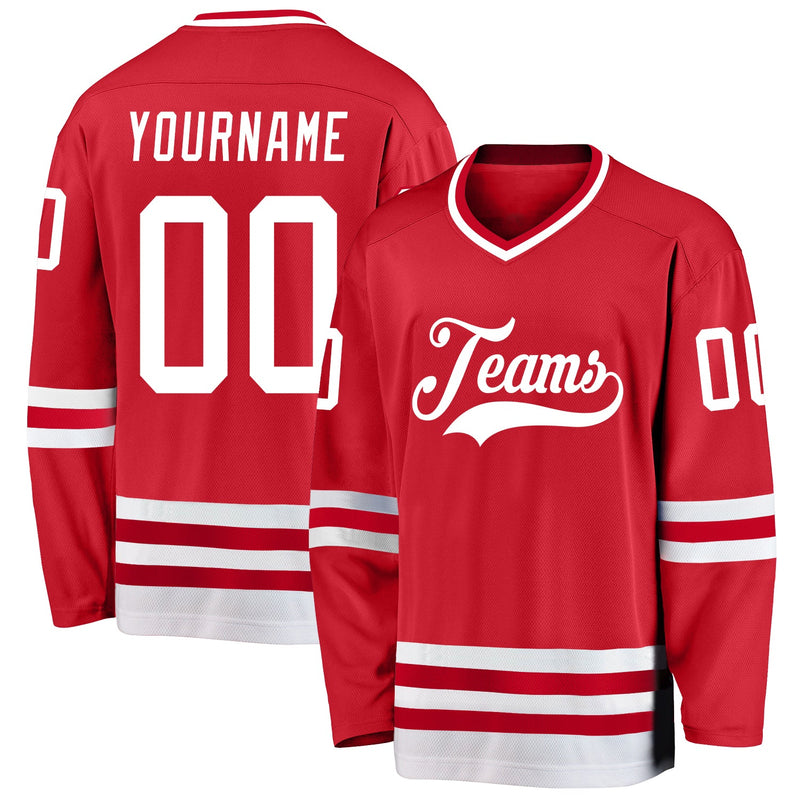 Custom Hockey Jersey, Red White Sportswear Jersey Shirt, Athletic Long Sleeve V Neck Jersey, Casual Gift for Men, Style Red0302