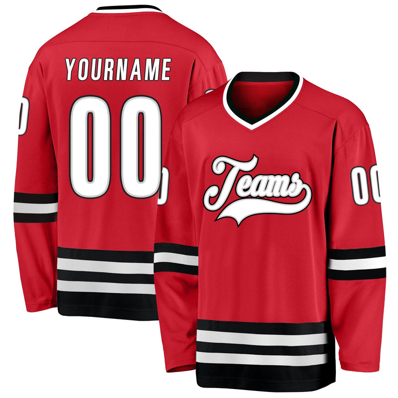 Custom Hockey Jersey, Red White Black Sportswear Jersey Shirt, Athletic Long Sleeve V Neck Jersey, Casual Gift for Men, Style Red0312