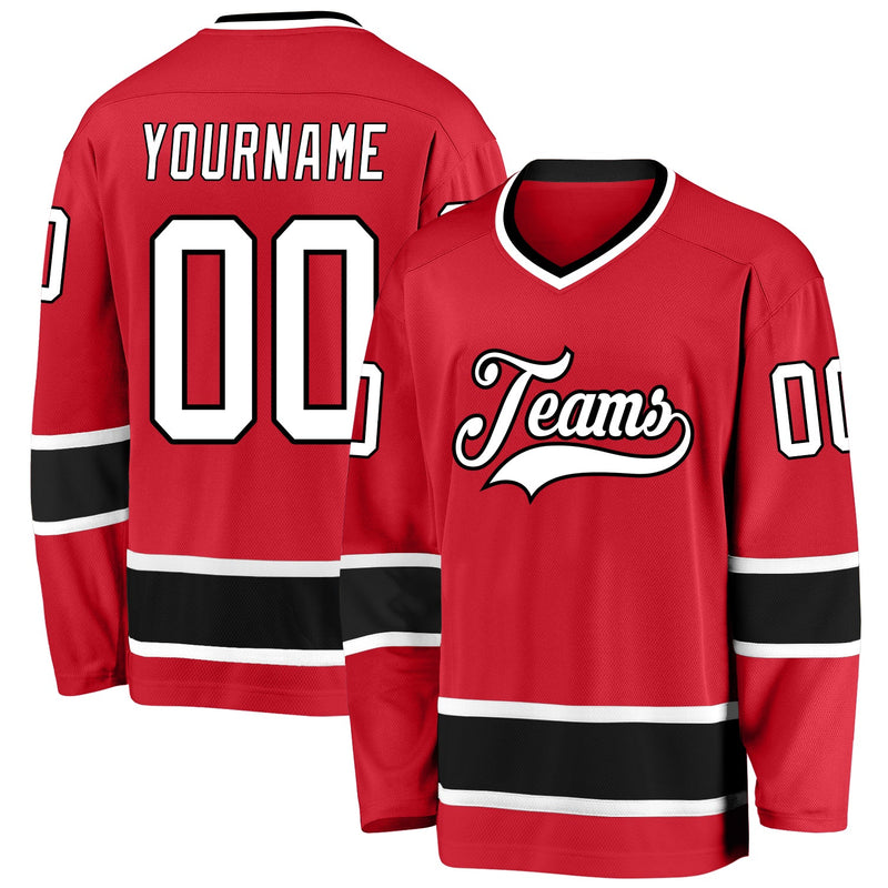 Custom Hockey Jersey, Red White Black Sportswear Jersey Shirt, Athletic Long Sleeve V Neck Jersey, Casual Gift for Men, Style Red0327