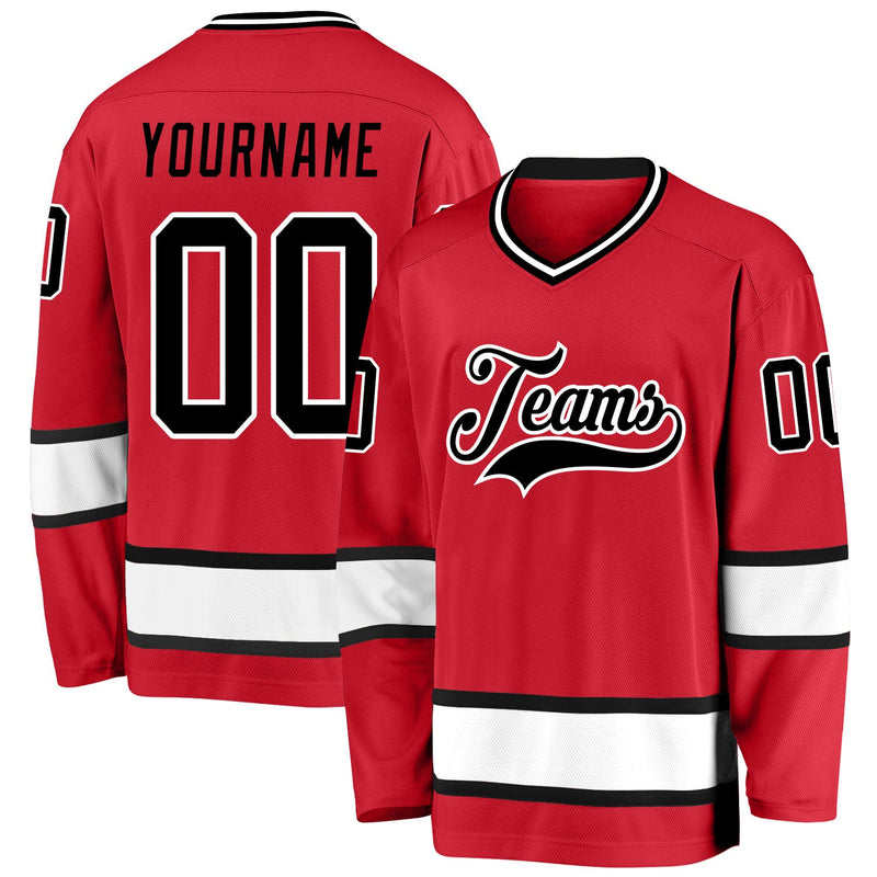 Custom Hockey Jersey, Red Black White Sportswear Jersey Shirt, Athletic Long Sleeve V Neck Jersey, Casual Gift for Men, Style Red0328