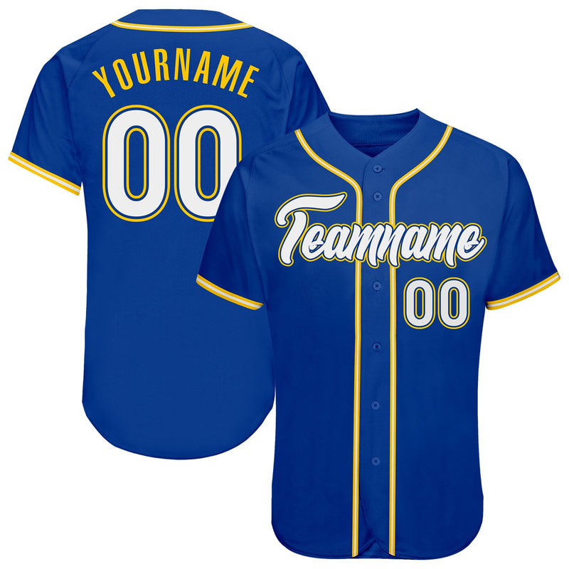 Custom Baseball Jersey, Royal White Gold Sportswear Jersey Shirt, Athletic Button Down Moisture Wicking Jersey, Casual Gift for Men