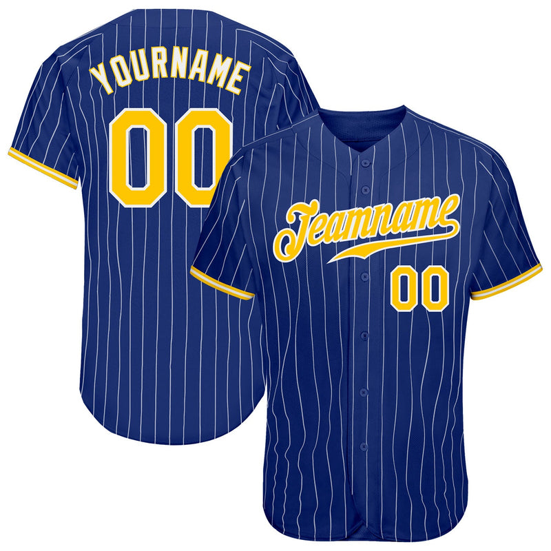 Custom Baseball Jersey, Royal White Gold Pinstripe Sportswear Jersey Shirt, Athletic Button Down Moisture Wicking Jersey, Casual Gift for Men