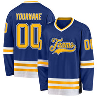 Custom Hockey Jersey, Royal Gold White Sportswear Jersey Shirt, Athletic Long Sleeve V Neck Jersey, Casual Gift for Men, Style Royal0193