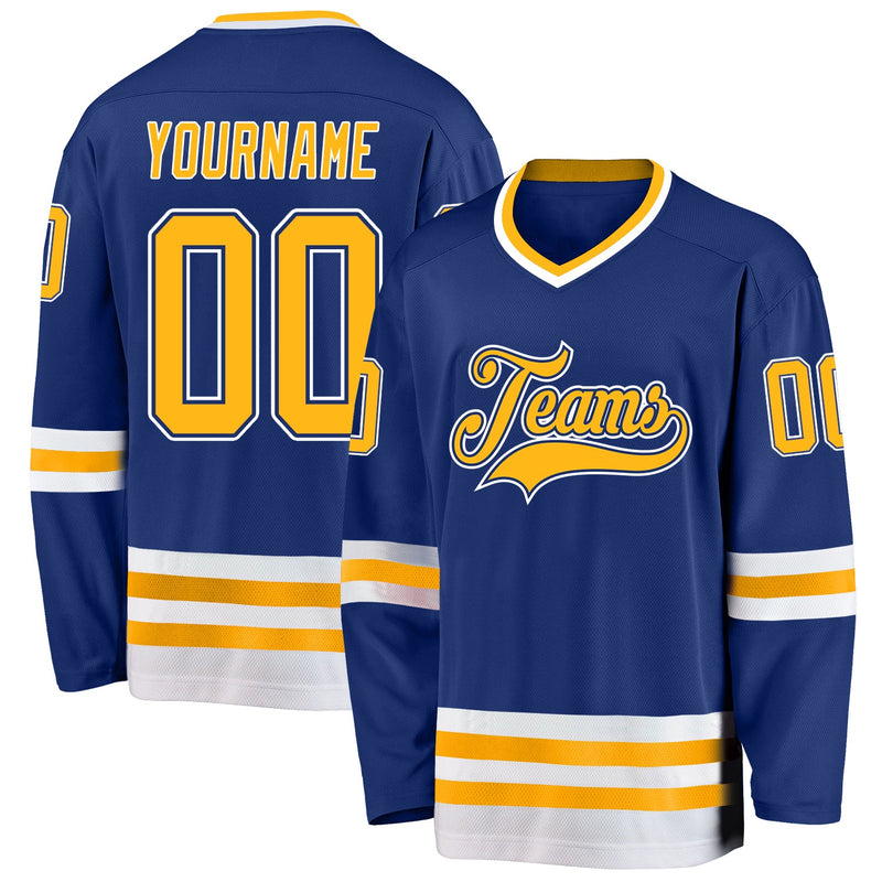 Custom Hockey Jersey, Royal Gold White Sportswear Jersey Shirt, Athletic Long Sleeve V Neck Jersey, Casual Gift for Men, Style Royal0193