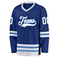 Custom Hockey Jersey, Royal White Light Blue Sportswear Jersey Shirt, Athletic Long Sleeve V Neck Jersey, Casual Gift for Men, Style Royal0194