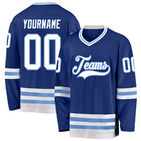 Custom Hockey Jersey, Royal White Light Blue Sportswear Jersey Shirt, Athletic Long Sleeve V Neck Jersey, Casual Gift for Men, Style Royal0194