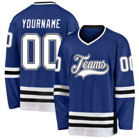 Custom Hockey Jersey, Royal White Black Sportswear Jersey Shirt, Athletic Long Sleeve V Neck Jersey, Casual Gift for Men, Style Royal0214