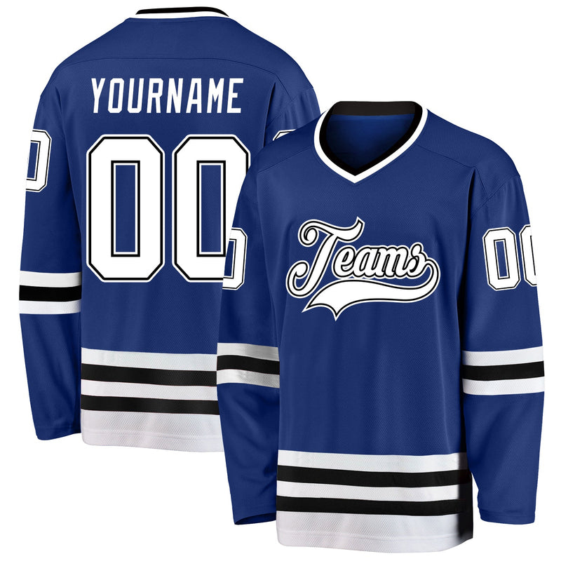 Custom Hockey Jersey, Royal White Black Sportswear Jersey Shirt, Athletic Long Sleeve V Neck Jersey, Casual Gift for Men, Style Royal0214