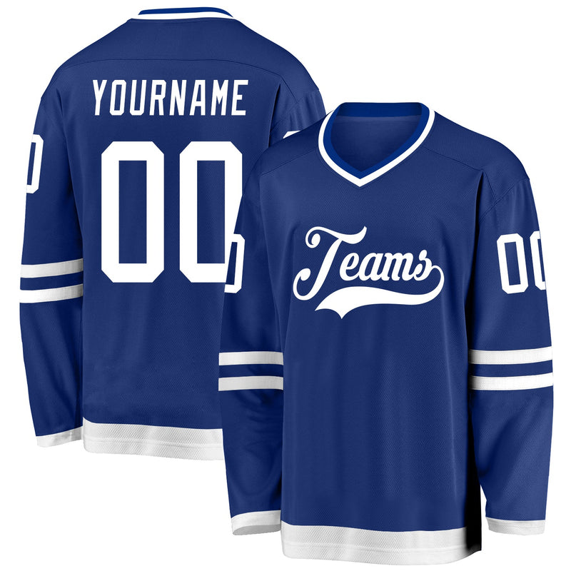 Custom Hockey Jersey, Royal White Sportswear Jersey Shirt, Athletic Long Sleeve V Neck Jersey, Casual Gift for Men, Style Royal0249