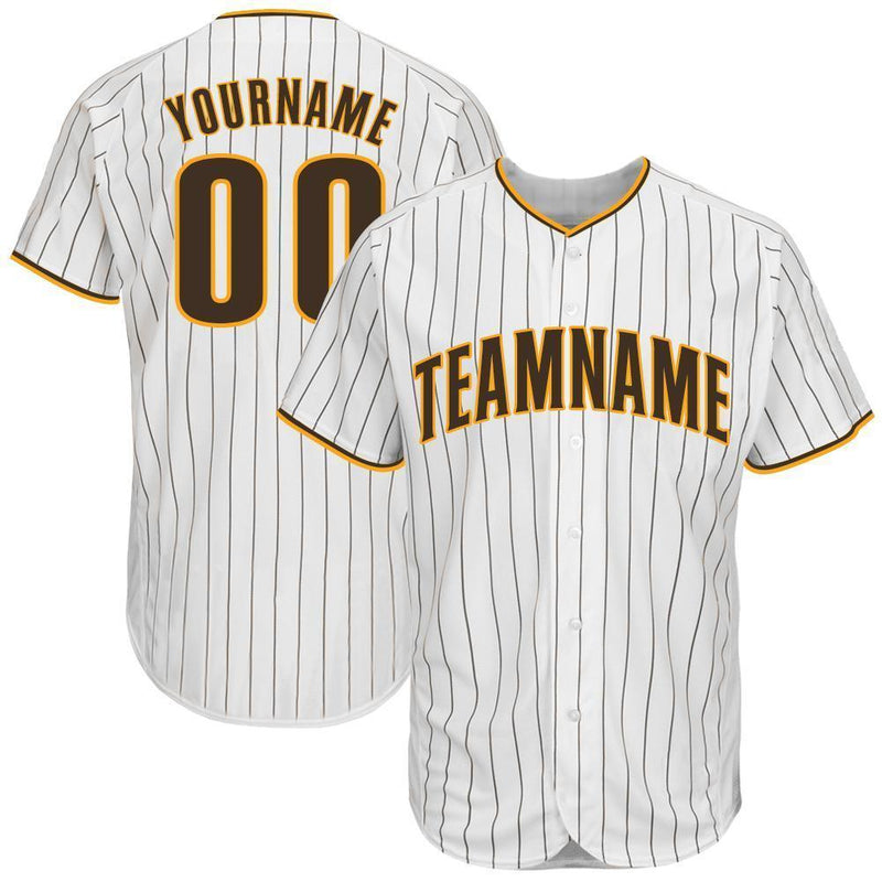 Custom Baseball Jersey, White Brown Gold Pinstripe Sportswear Jersey Shirt, Athletic Button Down Moisture Wicking Jersey, Casual Gift for Men