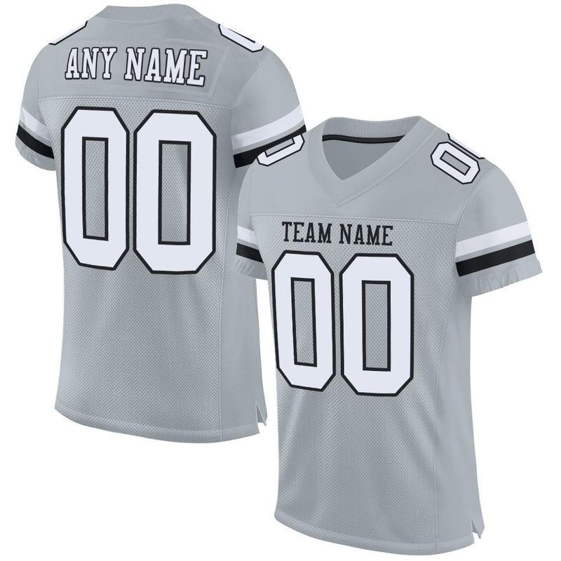 Custom Football Jersey, Silver White Black Sportswear Jersey Shirt, Athletic Mesh Moisture Wicking Jersey, Casual Gift for Men, Style Silver0003