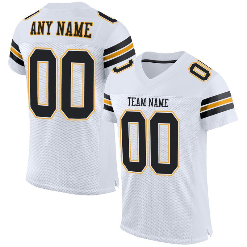 Custom Football Jersey, White Black Gold Sportswear Jersey Shirt, Athletic Mesh Moisture Wicking Jersey, Casual Gift for Men, Style White0004