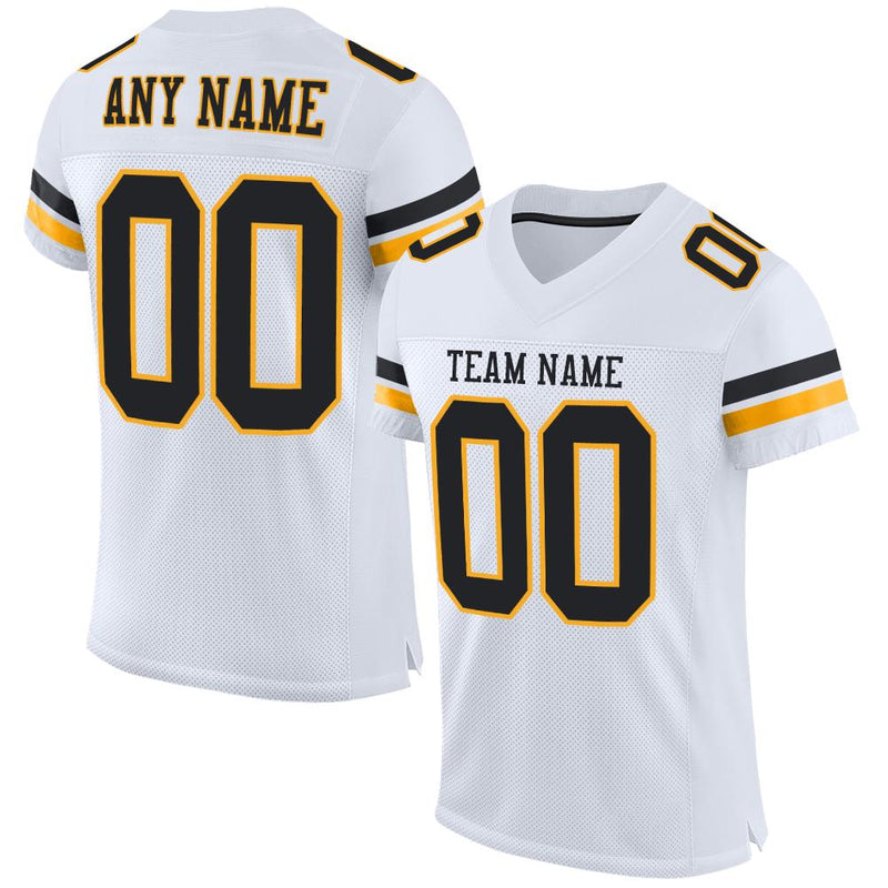 Custom Football Jersey, White Black Gold Sportswear Jersey Shirt, Athletic Mesh Moisture Wicking Jersey, Casual Gift for Men, Style White0207