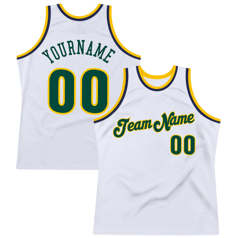 Custom Basketball Jersey, White Green Gold Sportswear Jersey Shirt, Athletic Mesh Moisture Wicking Jersey, Casual Gift for Men, Style White0495