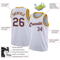 Custom Basketball Jersey, White Purple Gold Pinstripe Sportswear Jersey Shirt, Athletic Mesh Moisture Wicking Jersey, Casual Gift for Men