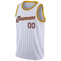 Custom Basketball Jersey, White Purple Gold Pinstripe Sportswear Jersey Shirt, Athletic Mesh Moisture Wicking Jersey, Casual Gift for Men