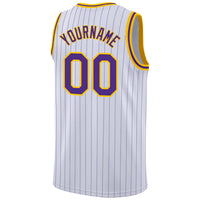 Custom Basketball Jersey, White Purple Gold Pinstripe Sportswear Jersey Shirt, Athletic Mesh Moisture Wicking Jersey, Casual Gift for Men