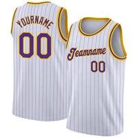 Custom Basketball Jersey, White Purple Gold Pinstripe Sportswear Jersey Shirt, Athletic Mesh Moisture Wicking Jersey, Casual Gift for Men