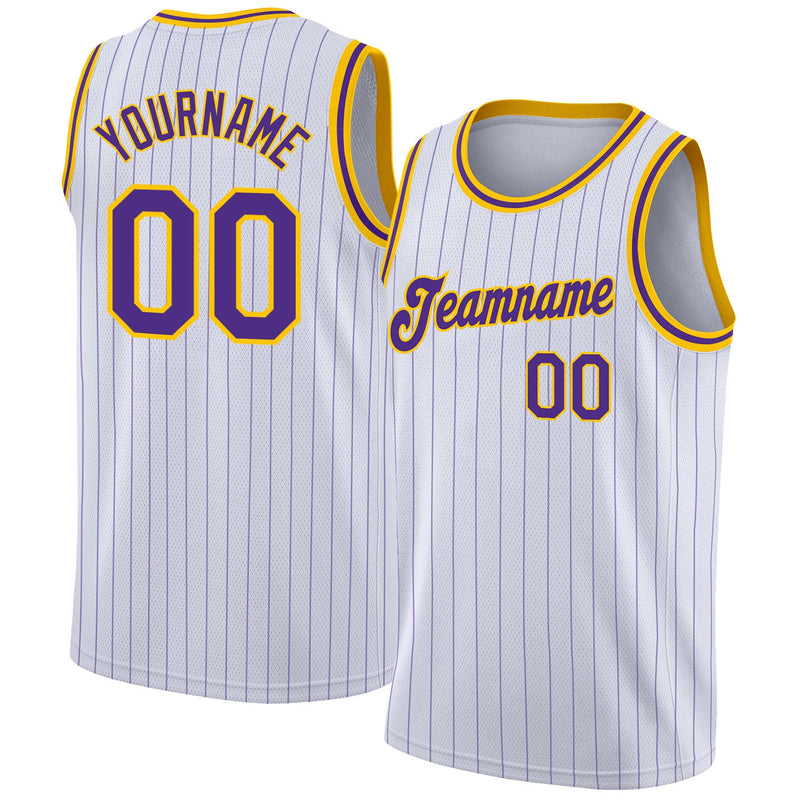 Custom Basketball Jersey, White Purple Gold Pinstripe Sportswear Jersey Shirt, Athletic Mesh Moisture Wicking Jersey, Casual Gift for Men