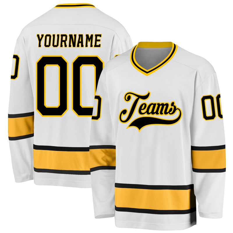Custom Hockey Jersey, White Black Gold Sportswear Jersey Shirt, Athletic Long Sleeve V Neck Jersey, Casual Gift for Men, Style White0644