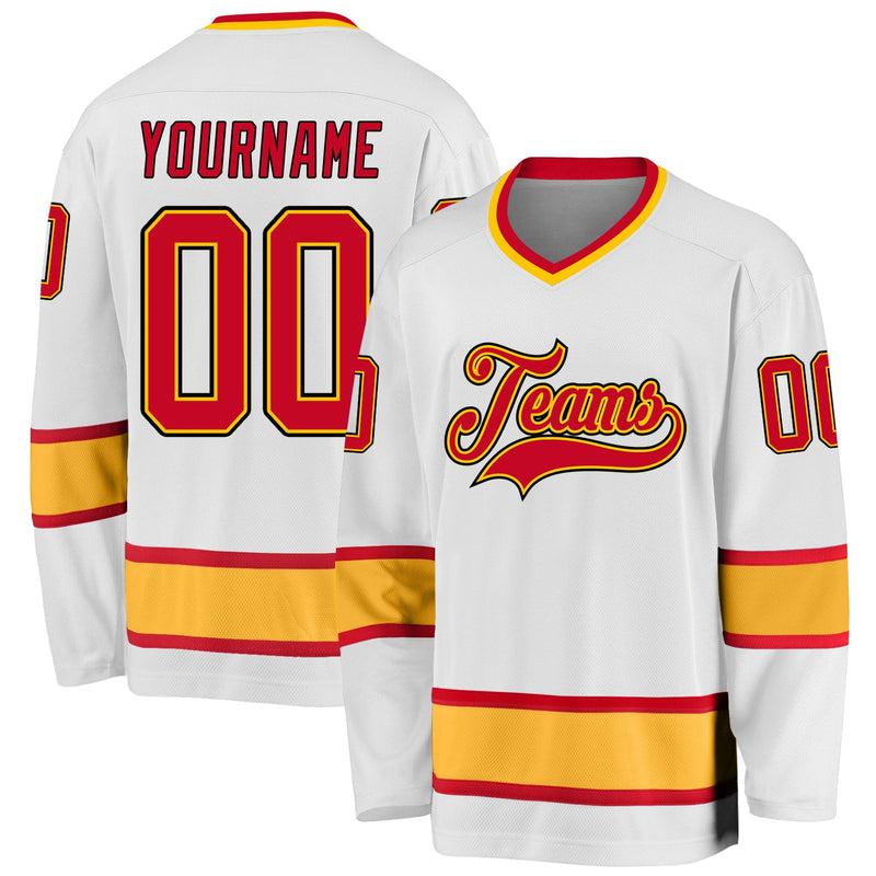 Custom Hockey Jersey, White Red Gold Sportswear Jersey Shirt, Athletic Long Sleeve V Neck Jersey, Casual Gift for Men, Style White0647