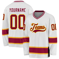 Custom Hockey Jersey, White Maroon Gold Sportswear Jersey Shirt, Athletic Long Sleeve V Neck Jersey, Casual Gift for Men, Style White0664