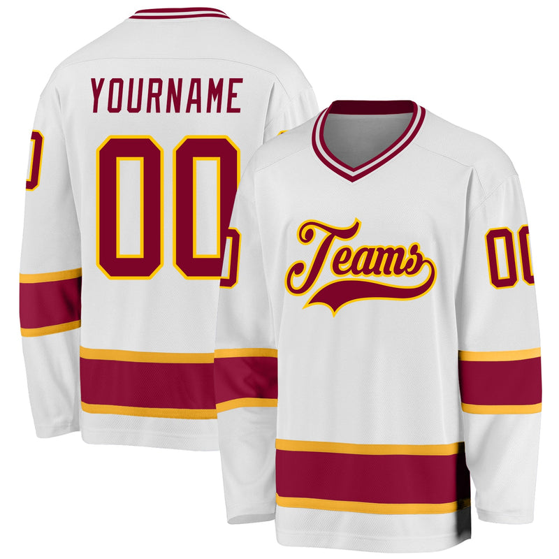 Custom Hockey Jersey, White Maroon Gold Sportswear Jersey Shirt, Athletic Long Sleeve V Neck Jersey, Casual Gift for Men, Style White0664