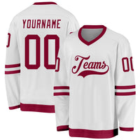 Custom Hockey Jersey, White Maroon Sportswear Jersey Shirt, Athletic Long Sleeve V Neck Jersey, Casual Gift for Men