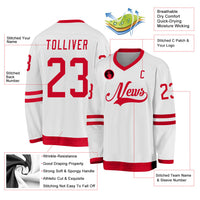 Custom Hockey Jersey, White Red Sportswear Jersey Shirt, Athletic Long Sleeve V Neck Jersey, Casual Gift for Men