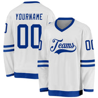 Custom Hockey Jersey, White Royal Sportswear Jersey Shirt, Athletic Long Sleeve V Neck Jersey, Casual Gift for Men